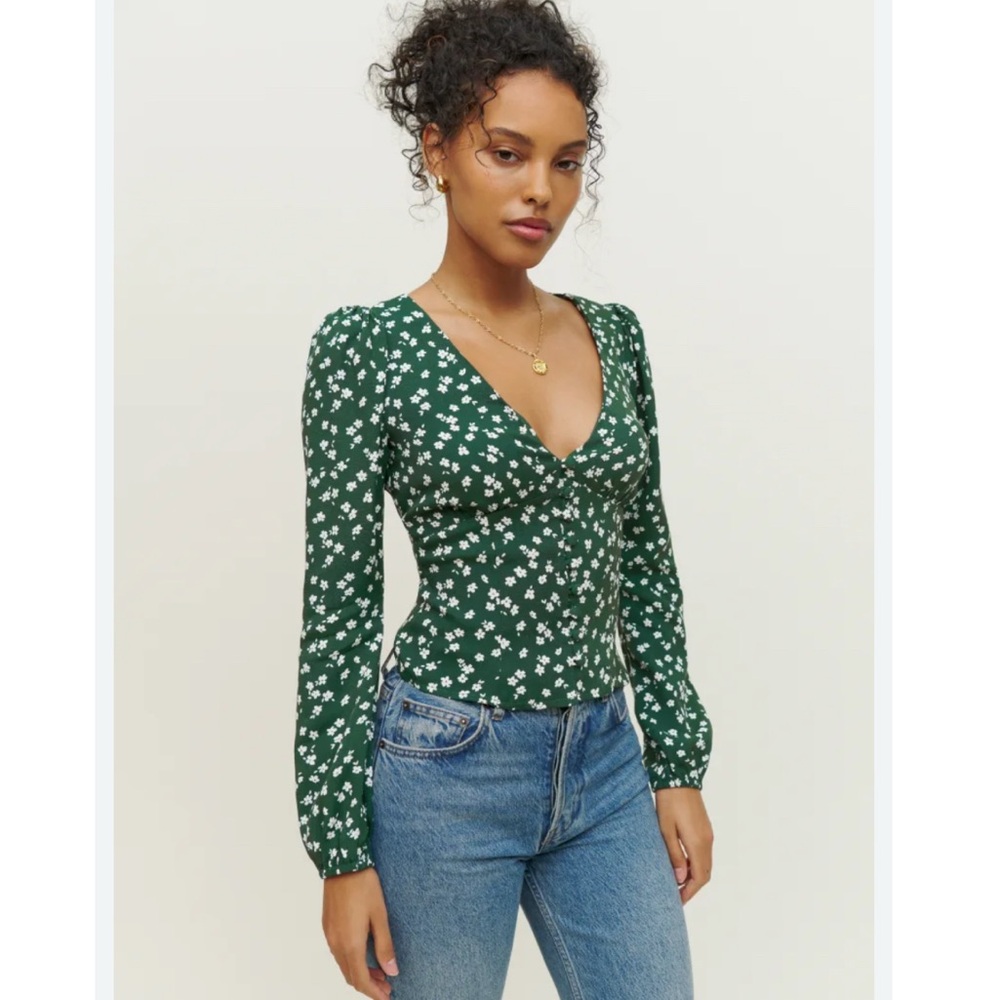 Reformation Green White Floral Nell Top